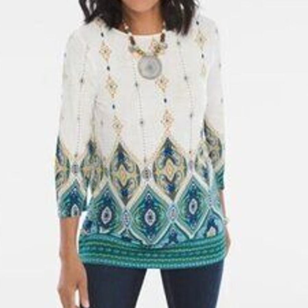 Chico's Tunic Moroccan Lantern Knit Top Three-quarter Sleeves Sz 3
